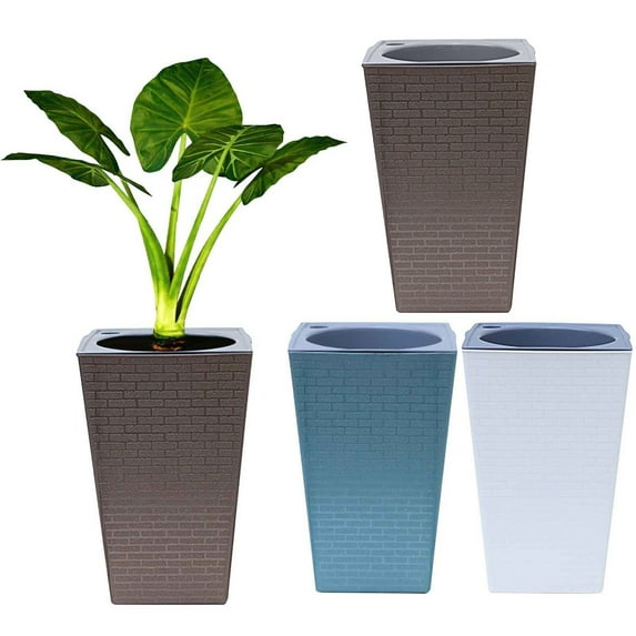 Tall Self-Watering Planter | Modern Square Brick Pattern | Indoor Outdoor Use | Lightweight Weatherproof Plastic | Large Deep Container for Herbs Flowers Shrubs | Built-In Drainage | 1 Piece