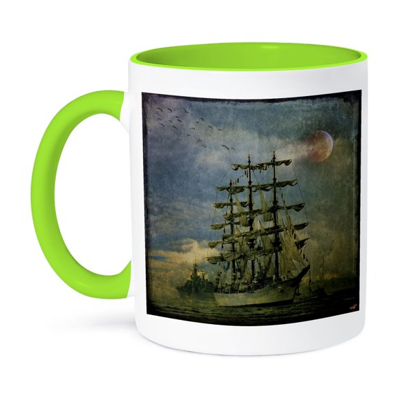 3dRose, Tall Ship Clouds Moon Vintage, 15oz Two-Tone Green Mug