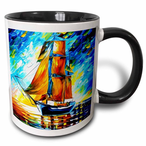 3drose, Tall Ship Digital Art. a Ship Under Red Sails. Evening. Calm Sea Gift, 15oz Two-tone Black Mug