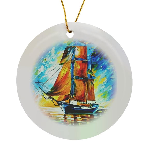 3drose, Tall Ship Digital Art. a Ship under Red Sails. Evening. Calm Sea Gift, Circle Porcelain Ornament