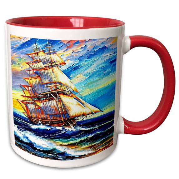 3drose, Tall Ship Digital Art. Fantasy Brig Catches Fresh Trade Wind at Sea, 11oz Two-tone Red Mug