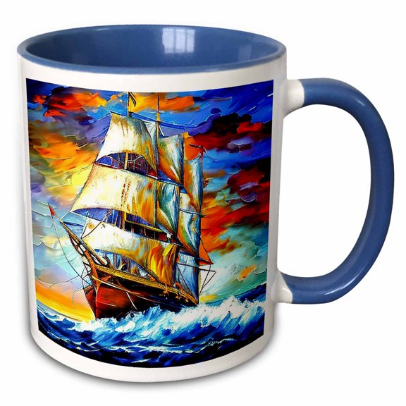 3drose, Tall Ship Digital Art. Fantasy Clipper Goes at Full Speed at Sunset, 15oz Two-tone Blue Mug