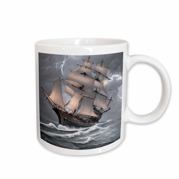 3drose, Tall Ship Digital Art. Fantasy Scooner in Bad Weather. Thunderstorm, 15oz Mug