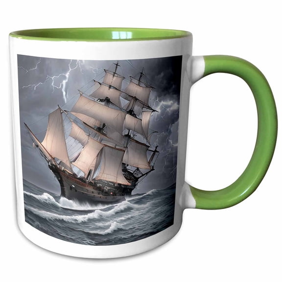 3drose, Tall Ship Digital Art. Fantasy Scooner in Bad Weather. Thunderstorm, 15oz Two-tone Green Mug