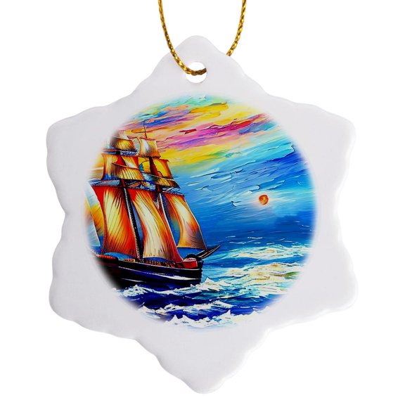 3drose, Tall Ship Digital Art. Fantasy Ship Chases the Sun at Raging Sea, 3 inch Snowflake Porcelain Ornament