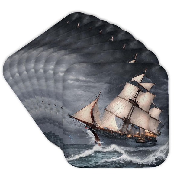 3drose, Tall Ship Digital Art. Fantasy Ship Fights Storm. Illuminated Deck, Set of 8 Coasters - Soft