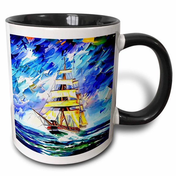 3drose, Tall Ship Digital Art. Good Day, Fresh Wind, Rough Sea, Full Sails, 15oz Two-tone Black Mug
