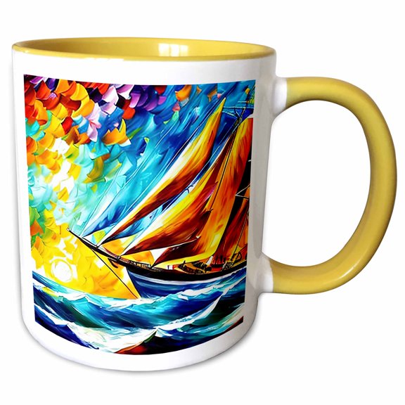 3drose, Tall Ship Digital Art. Scooner Chases the Setting Sun at Open Sea, 11oz Two-tone Yellow Mug