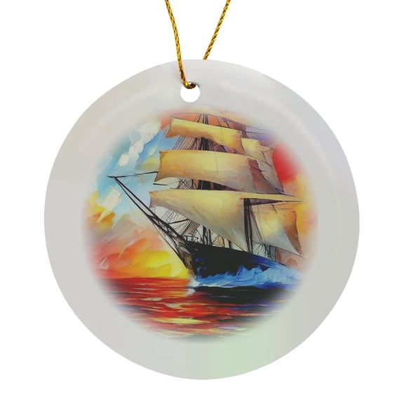 3drose, Tall Ship Digital Art. Tea Clipper Ship at Color Sunset. Trade Wind, Circle Porcelain Ornament