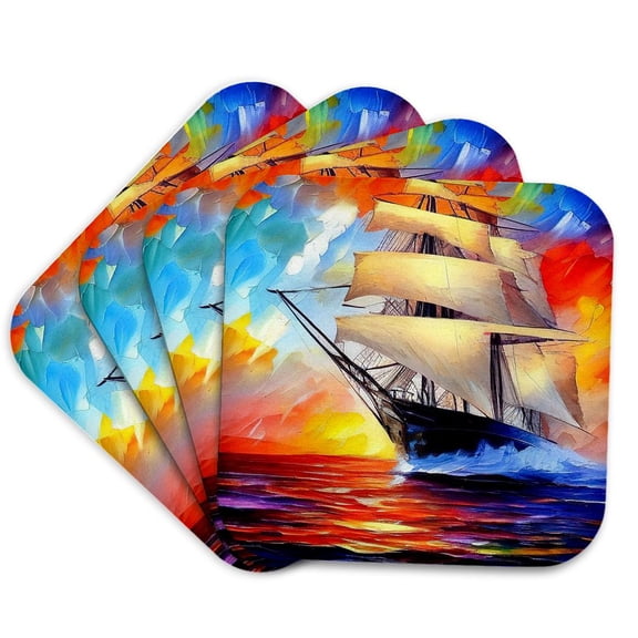 3drose, Tall Ship Digital Art. Tea Clipper Ship at Color Sunset. Trade Wind, Set of 4 Coasters - Soft