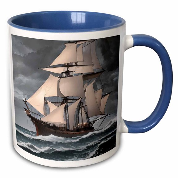 3drose, Tall Ship Digital Art. the Travel Continues After the Storm Gift, 15oz Two-tone Blue Mug