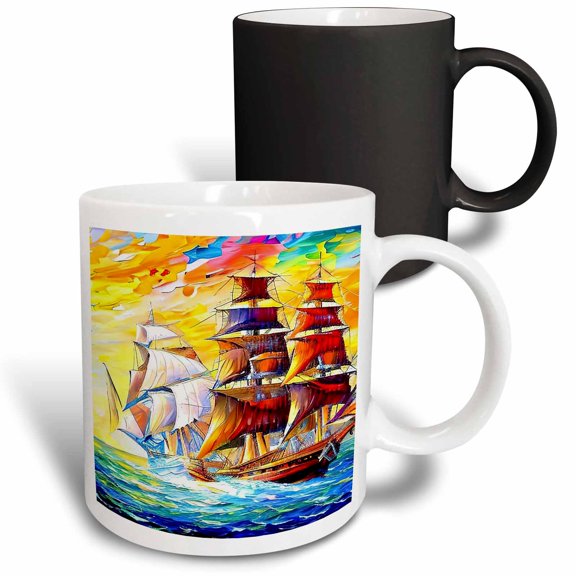 3drose, Tall Ship Digital Art. Two Ships at Set After the Battle at Sunset, 11oz Magic Transforming Mug