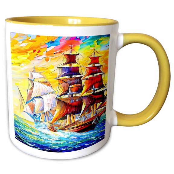 3drose, Tall Ship Digital Art. Two Ships at Set After the Battle at Sunset, 11oz Two-tone Yellow Mug