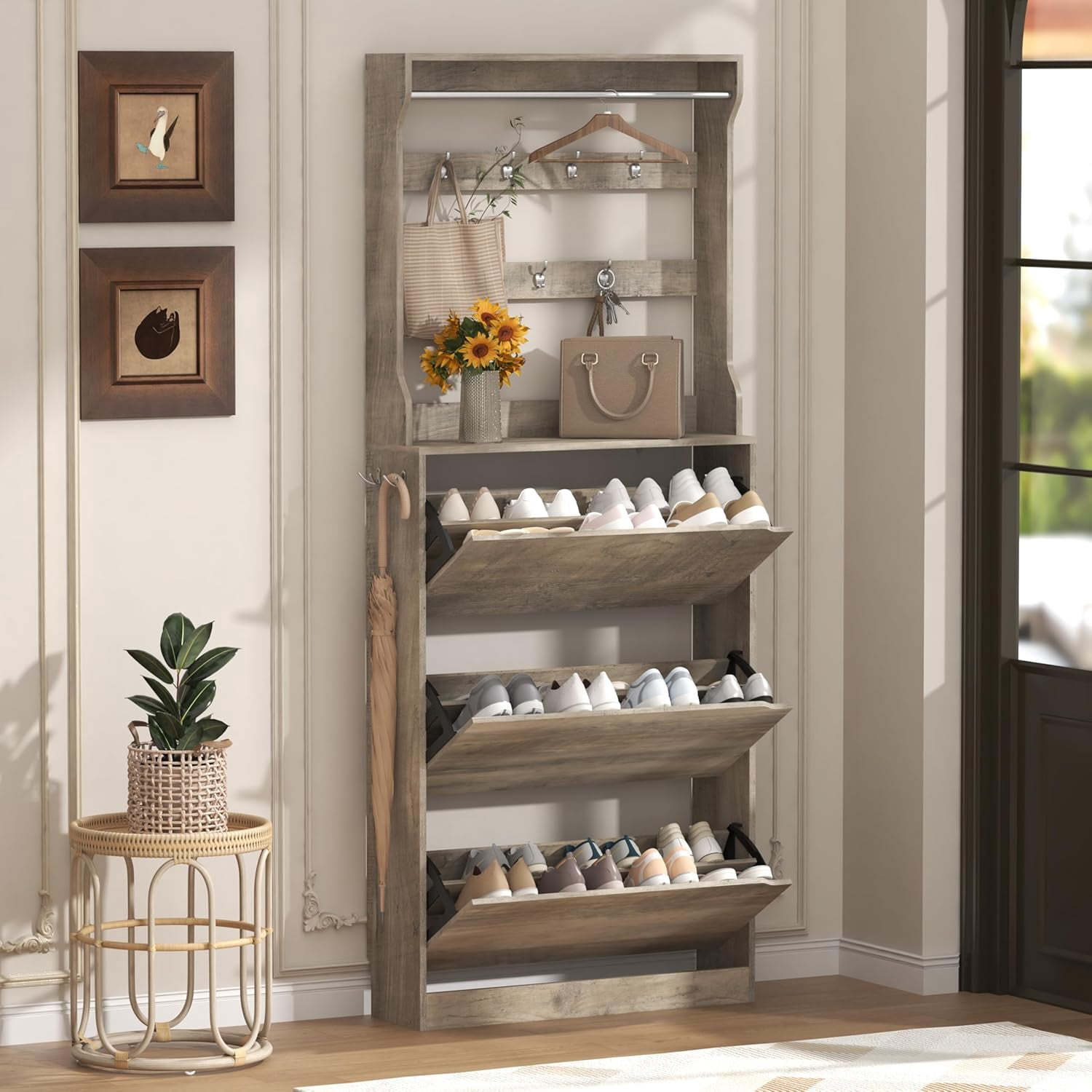 Tall Shoe Cabinet with Coat Rack, Hidden Shoe Storage Cabinet with ...