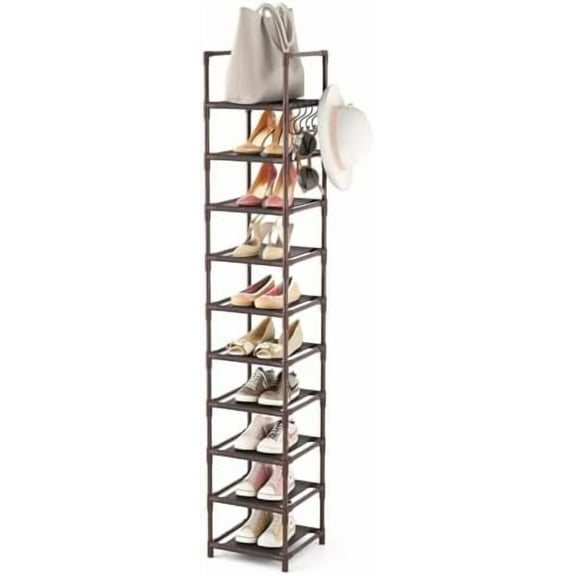 Tall Shoe Rack 10-Tier Narrow Shoe Shelf Storage for 10-15 Pairs Shoe and Boot, Sturdy Shoe Storage Space Saving Corner Shoe Rack Organizer for Closet, Entryway, Living Room, Brown