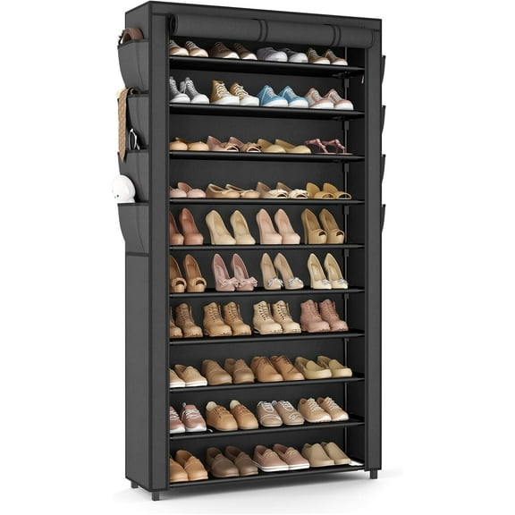Tall Shoe Rack with Cover, 10 Tier Shoe Organizer Storage for 50-55 Pairs Shoes and Boots Large Capacity Shoe Shelf with 8 Pockets Free Standing Shoe Rack for Closet, Entryway, Garage
