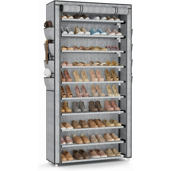 Tall Shoe Rack with Cover, 10 Tier Shoe Organizer Storage for 50-55 Pairs Shoes and Boots Large Capacity Shoe Shelf with 8 Pockets  Standing Shoe Rack for Closet, Entryway, Garage, Printing