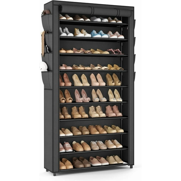 Tall Shoe Rack with Cover, 10 Tier Shoe Organizer Storage for 50-55 Pairs Shoes and Boots Large Capacity Shoe Shelf with 8 Pockets Free Standing Shoe Rack for Closet, Entryway, Garage