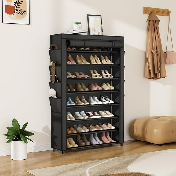 Tall Shoe Rack with Dustproof Cover, 8 Tier Storage for 36-45 Pairs of Shoes and Boots
