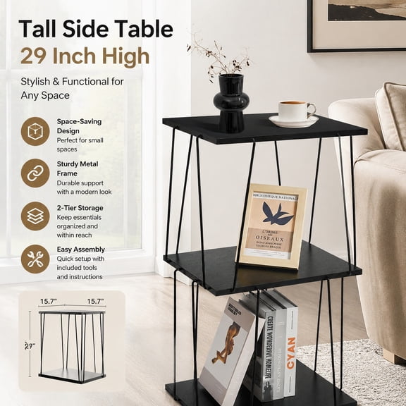 Tall Side Table, 29 Inch High Small End Table, Modern Accent Bedside Table for Living Room, Bedroom, Office with Ebony Black Finish