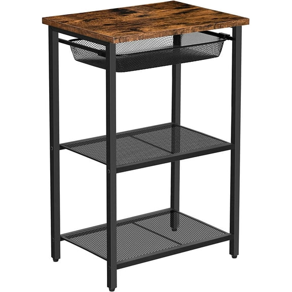 Tall Side Table, Industrial End Table with Adjustable Metal Mesh Basket, Telephone Table with Storage Shelf for Living Room, Bedroom, Hallway, Easy Assembly, Rustic Brown BF02DH01