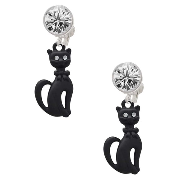 Tall Sitting Matte Black Cat Clear Crystal Clip On Earrings