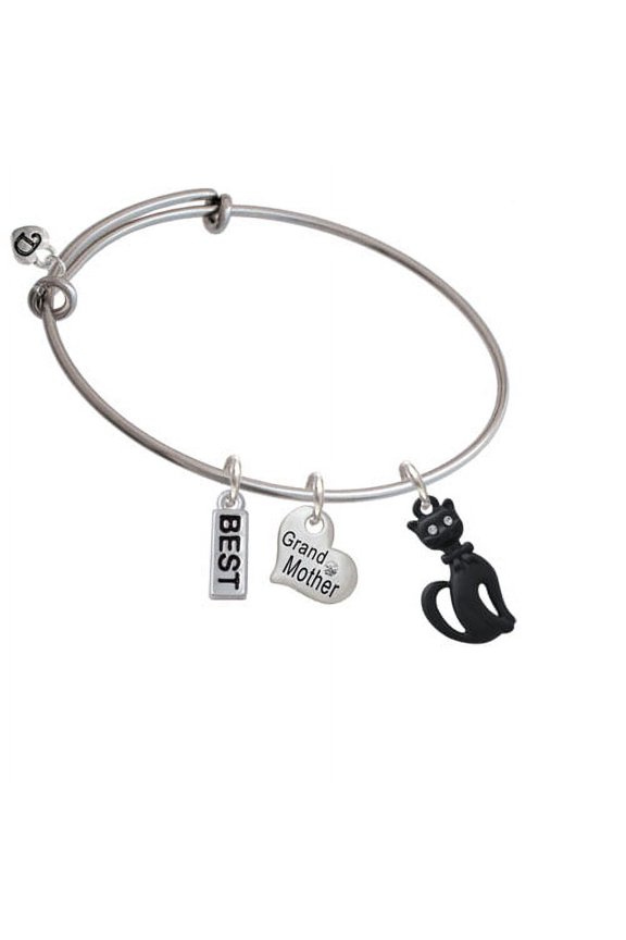 Tall Sitting Matte Black Cat Grandmother Heart Expandable Bangle Bracelet
