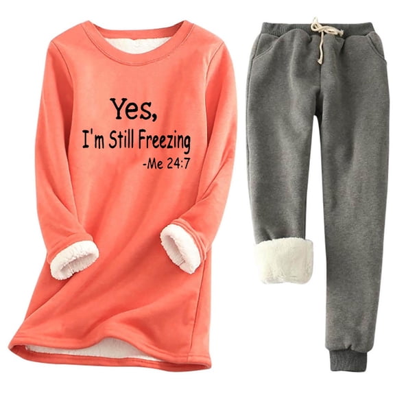 Tall Sizes Women Lounge Sets 2 Piece Outfits Linen Pants Set Women's Solid Round Neck With Thickened Insulation Long Sleeve Top and Pocket Thickened Pants Set