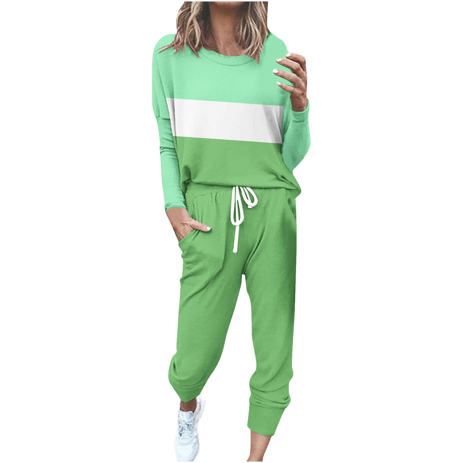 Tall Sizes Women Lounge Sets 2 Piece Outfits Two Piece Sets Plus Size Women'S Round Neck Long Sleeve Top + Pants Color Blocking Home Sports Casual Yoga Suit