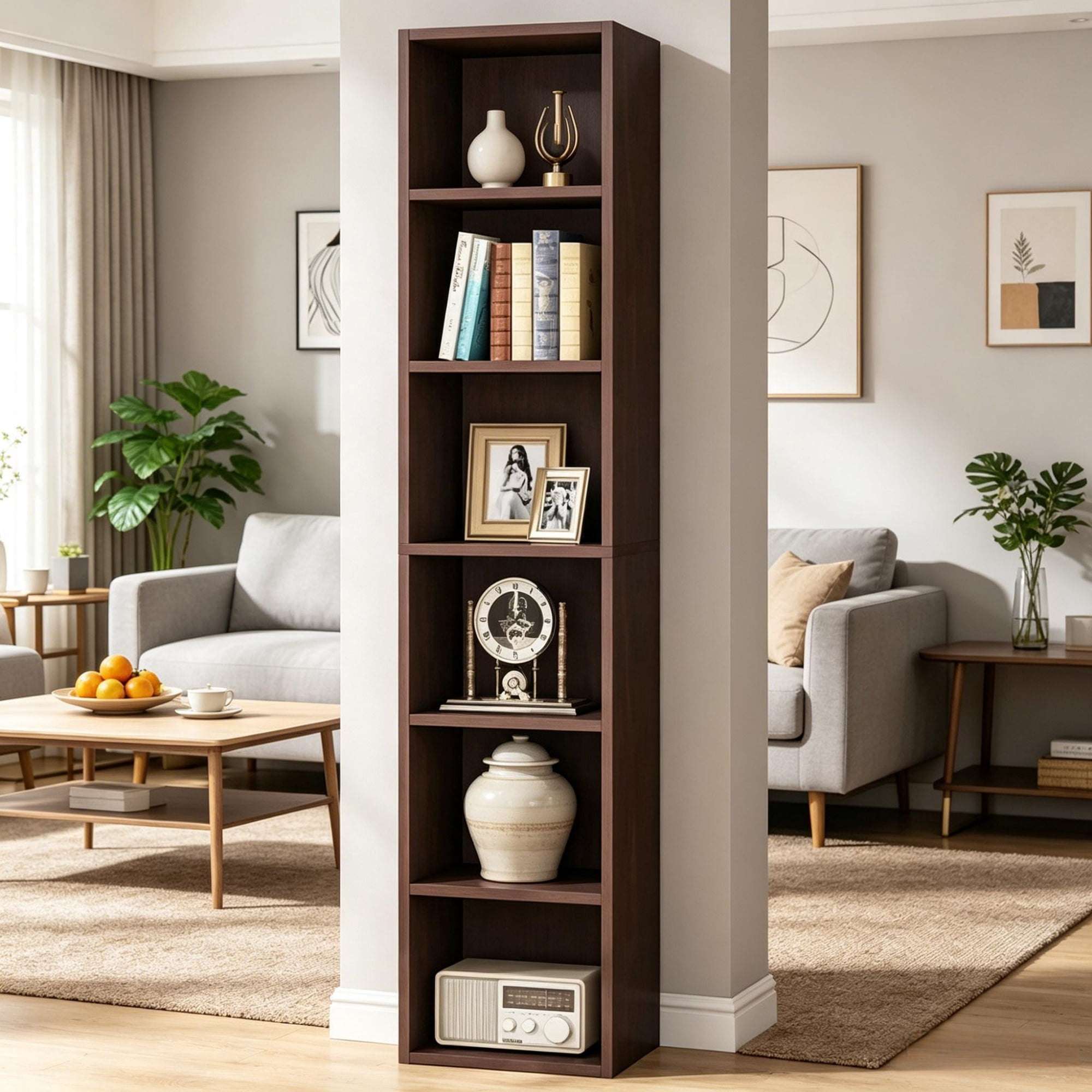 Tall Slim 6-Tier Corner Bookshelf, Narrow Cube Storage Shelf Made of MDF with Anti-Tip Kits, Display Rack for Living Room Bedroom Bathroom Small Corners