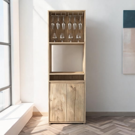 Tall Slim Bar Cabinet, Home Bar Dining Storage, Soft Beige Particle Board With Built-In Wine Racks And Shelves