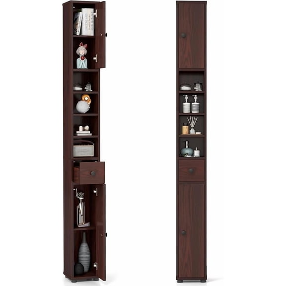 Tall Slim Bathroom Storage Cabinet, 71" Freestanding Bathroom Cabinet w/ 2 Doors, 1 Drawer & 5 Adjustable Shelves, Floor Narrow Tower Cabinet for Small Spaces, 8" x 8" x 71" (Brown)