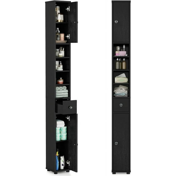 Tall Slim Bathroom Storage Cabinet, 71" Freestanding Bathroom Cabinet w/ 2 Doors, 1 Drawer & 5 Adjustable Shelves, Floor Narrow Tower Cabinet for Small Spaces, 8" x 8" x 71" (White)