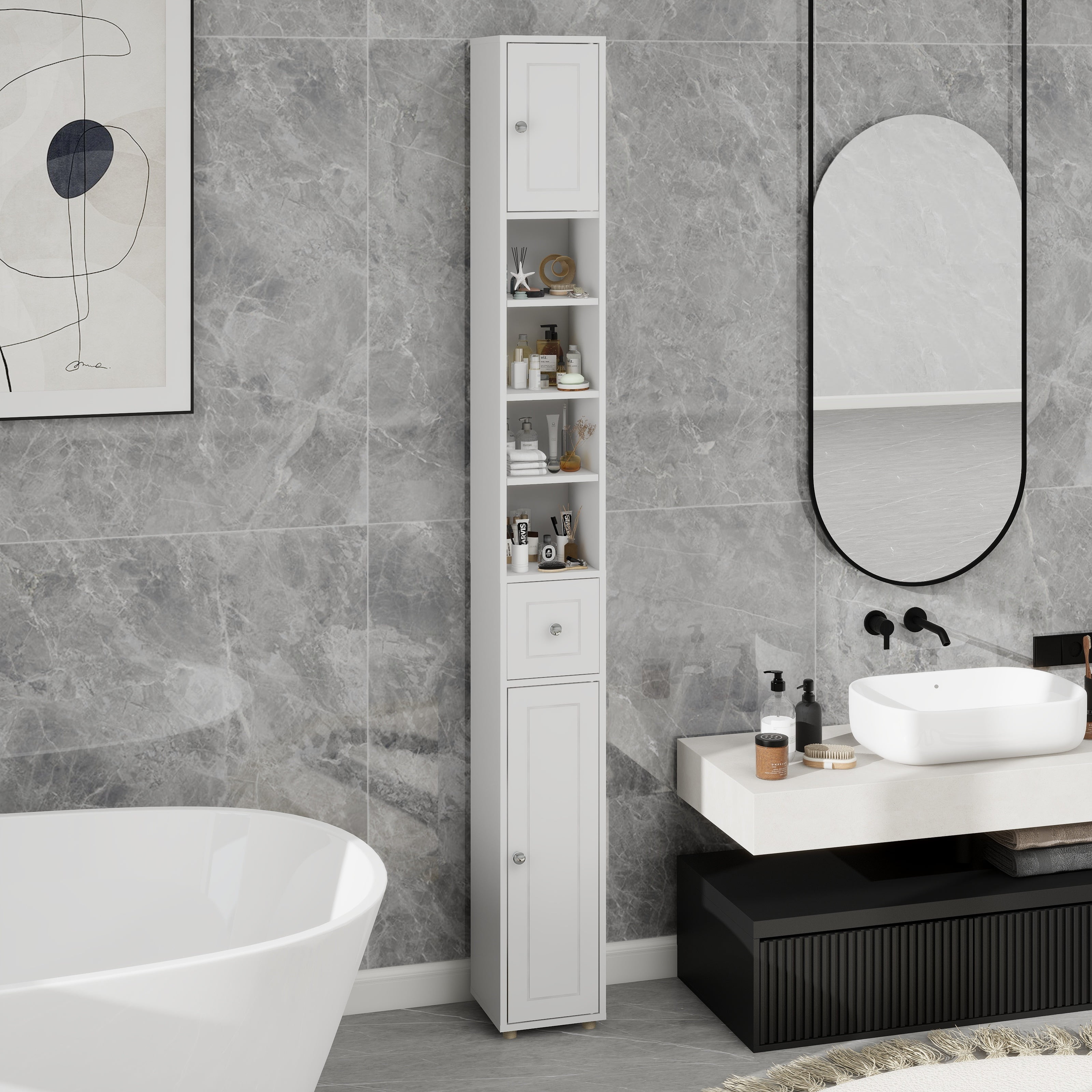 Tall Slim Bathroom Storage Cabinet with Drawer, 2 Doors & 4 Adjustable Shelves, White