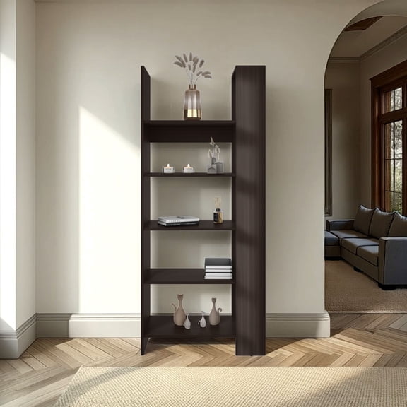 Tall Slim Bookcase 15 Inches Deep, Vertical Freestanding Storage Unit with 4 Open Shelves, Two-Tone Walnut and Ash Finish for Small Apartment Living Room Home Office Corner
