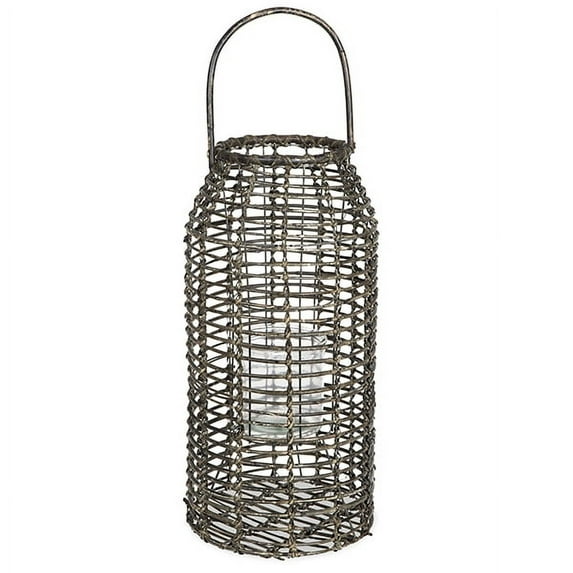 Tall Slim Rattan Lantern with Glass Candle Holder - Brown
