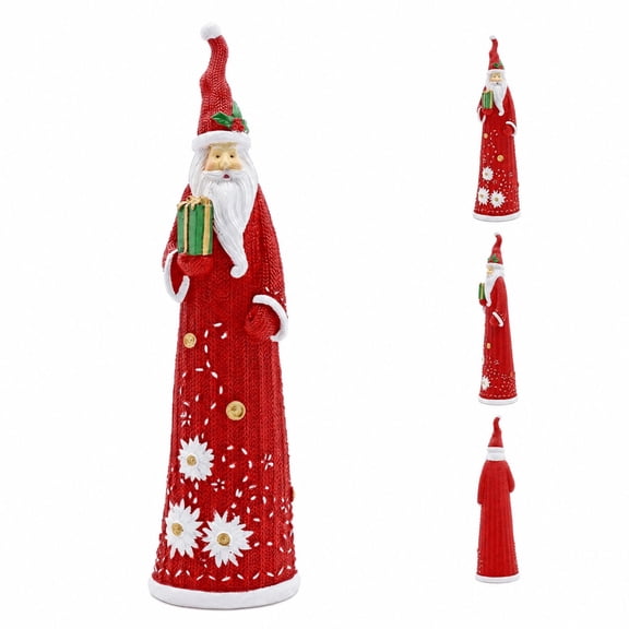Tall Slim Resin Santa Claus Figurine Holding Gift Box, Handcrafted Christmas Desktop Statue, Elegant Holiday Tabletop Centerpiece Decoration