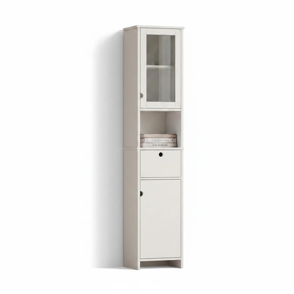Tall Slim Storage Cabinet with Transparent Glass Doors Adjustable and Open Shelves White