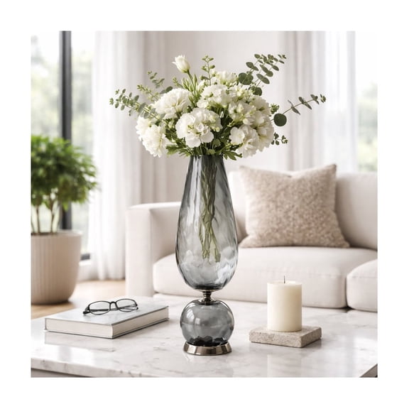Tall Smoky Glass Vase for Living Room Decor - Elevated Home Decor Accents with Refined Silhouette & Rounded Base - Decorative Flower Vase for Room, Bedroom, Office, and Table Styling - 21", Gray