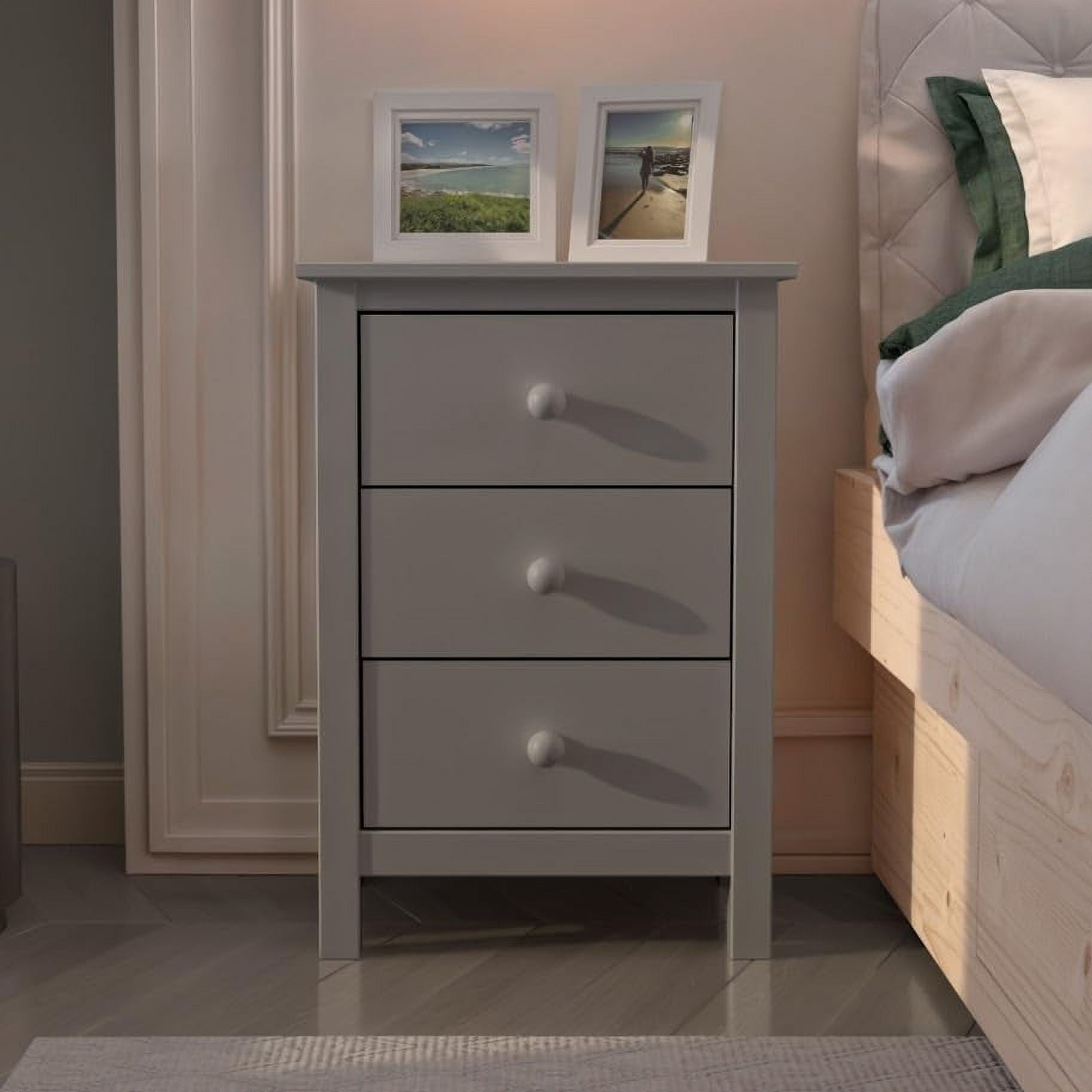 Tall Solid Wood Nightstand with 3 Drawers - Grey Bedroom Bedside Table ...