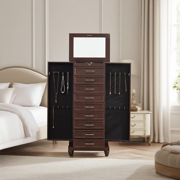Tall Standing Jewelry Armoire with Mirror,Lockable Wooden Jewelry Cabinet with 9 drawers and side door