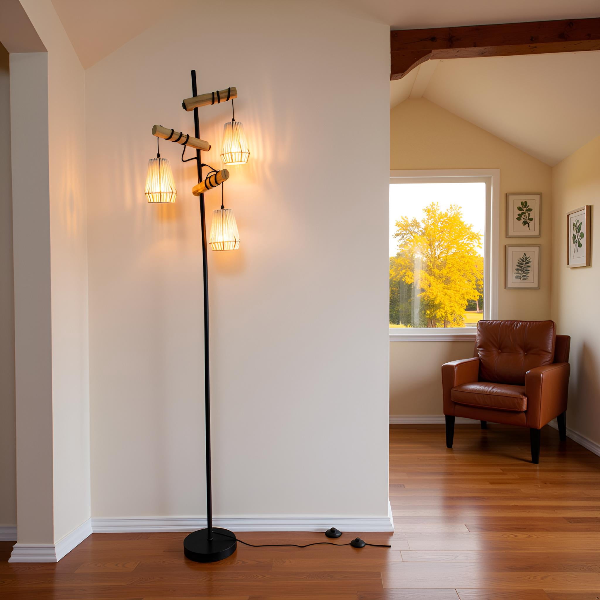 Tall Standing Lamps with 3pc Handmade Beige Shades, Modern Floor Lamps for Living Room, Bedroom, Study Room and Office