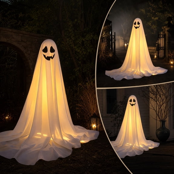 Tall Standing Luminous Ghost Ornament, Thickened Drapable Fabric Stable Anti Tip Base Full Assembly Accessory Set, LED Halloween Ghost Decor, Festive Display for Backyard Patio Holiday Gathering