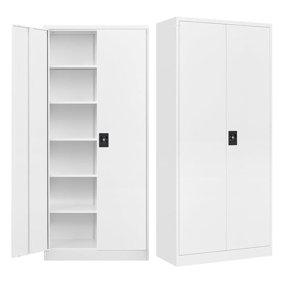 Tall Steel Storage Cabinet with 5 Shelves, Lockable White Metal Tool Cabinet for Garage and Office, Locking 2 Door Storage with Keys