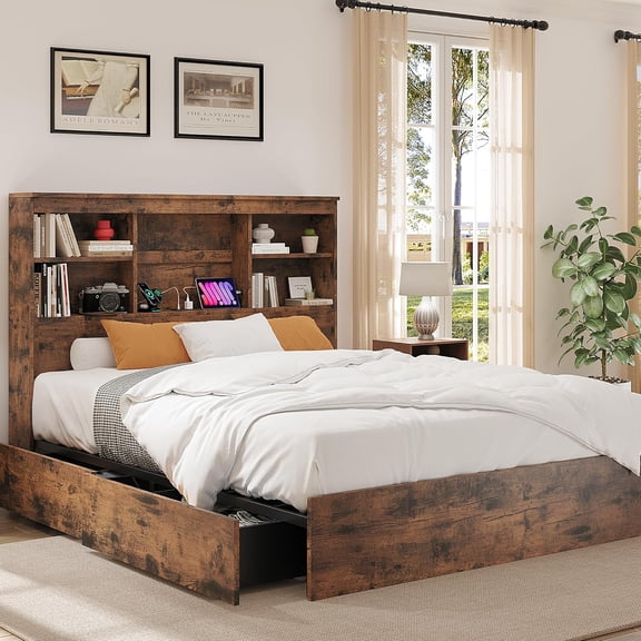 Tall Storage Bookcase Headboard Bed Frame - Queen Size Platform, 4 Drawers, Built-in Charging Station, Sturdy Metal, Noise-Free, Farmhouse Style, No Box Spring Needed