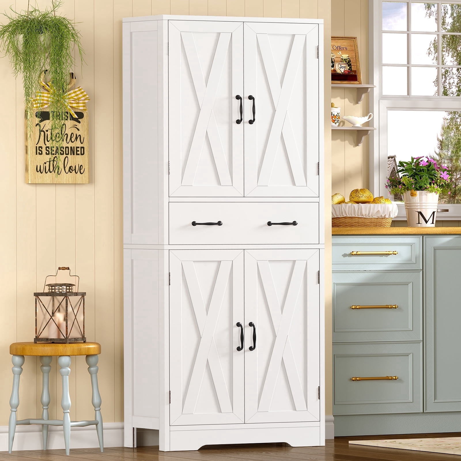 Tall Storage Cabinets with 2 Adjustable Shelves & 2 Drawers, Kitchen Pantry Cabinets, Bathroom Cabinets with 4 Doors, for Living Room, Kitchen, Bathroom, White