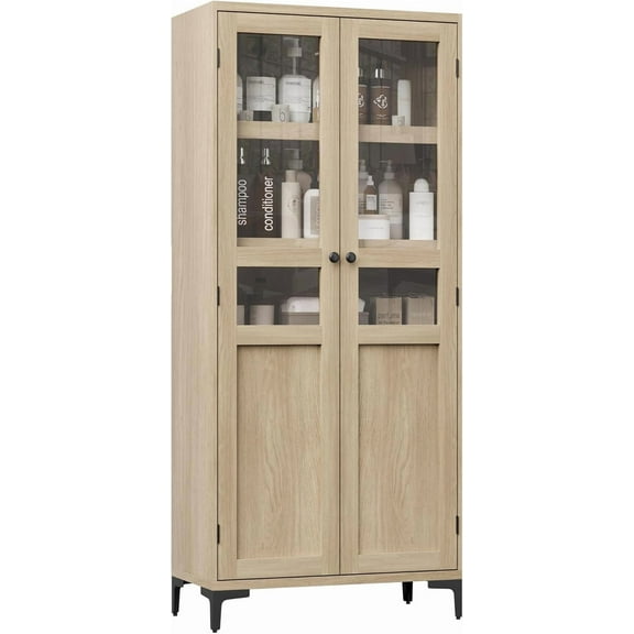 Tall Storage Cabinet,2 Glass Doors, Kitchen Pantry 5 Tier Bathroom Cabinet with Adjustable Shelves for Kitchen, Dining Room, Bathroom (Black, 2 Door with Glass)