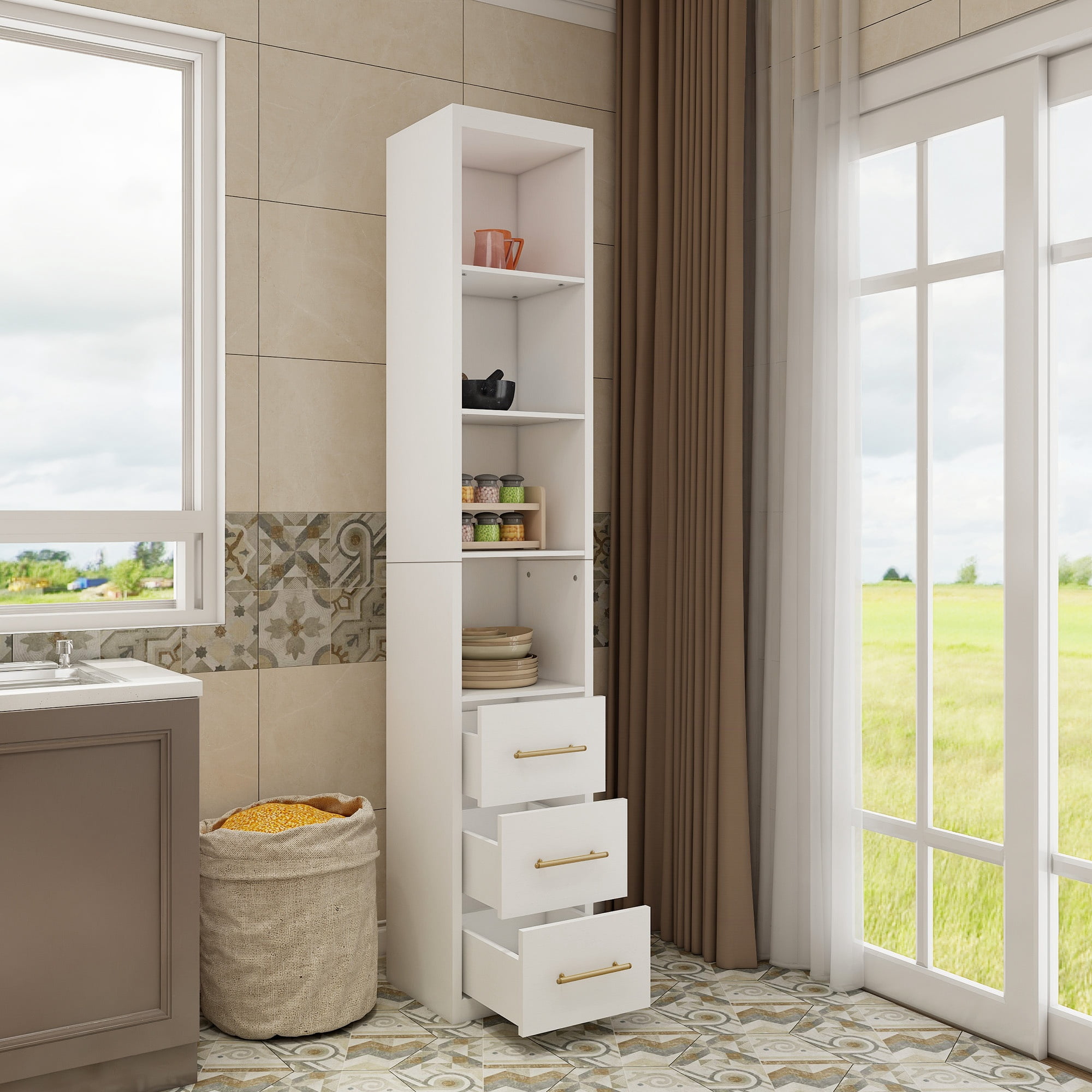 Tall Storage Cabinet 85 Inch with Drawers and Shelves, Narrow Vertical Storage Cabinet and Organizer for Bathroom Laundry Living Room, White