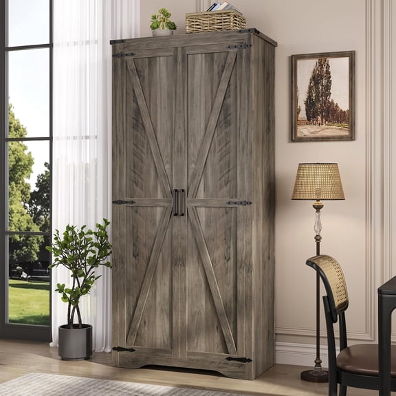Tall Storage Cabinet with Adjustable Shelves, Farmhouse Pantry Organize with 2 Barn Doors, Large Freestanding Cabinet for Kitchen, Garage, Basement, Living, Utility Room, Grey