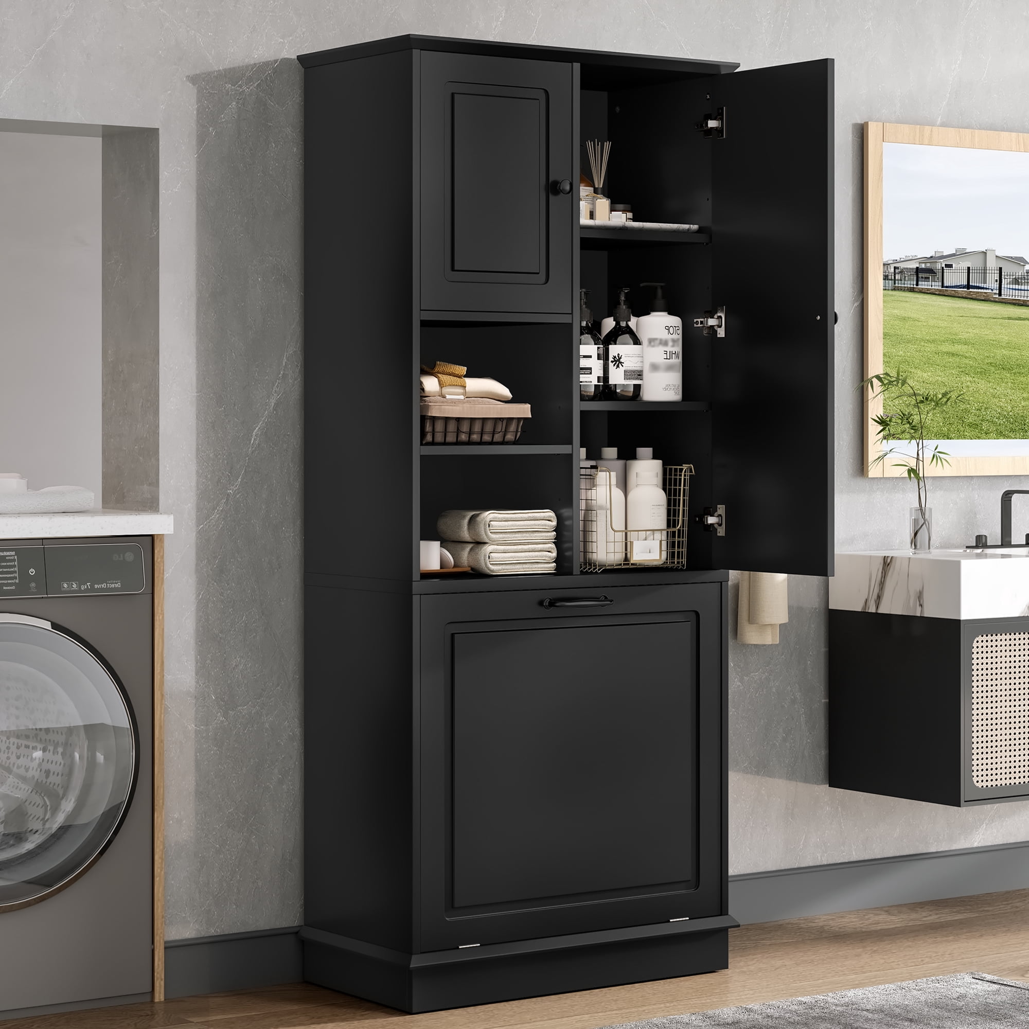 Tall Storage Cabinet with Adjustable Shelves, Large Flip-Out Basket & Enclosed Cabinets – Perfect for Bathroom, Living Room, or Office, MDF Material with Aluminum Alloy Handles